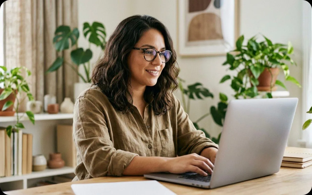 An expert working on a laptop at a desk at home