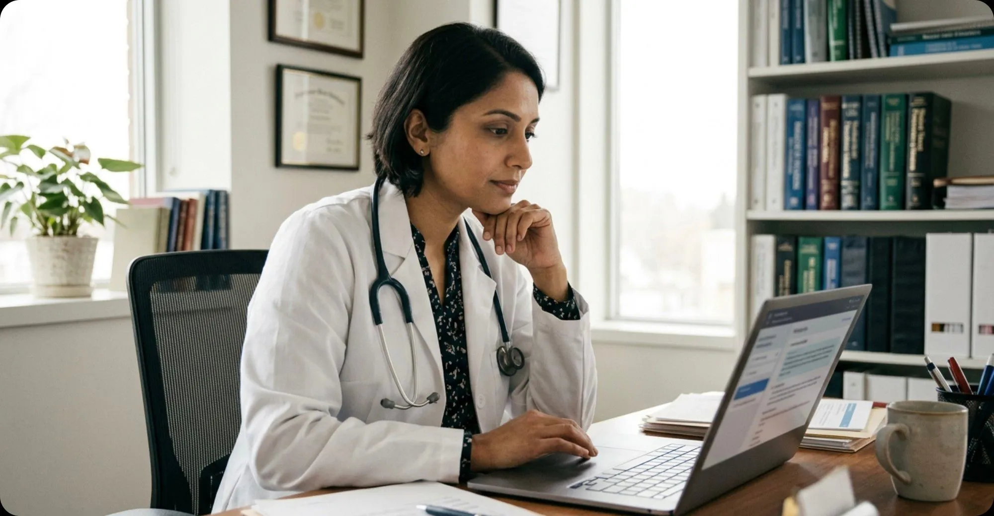 A physician working through a task on her laptop