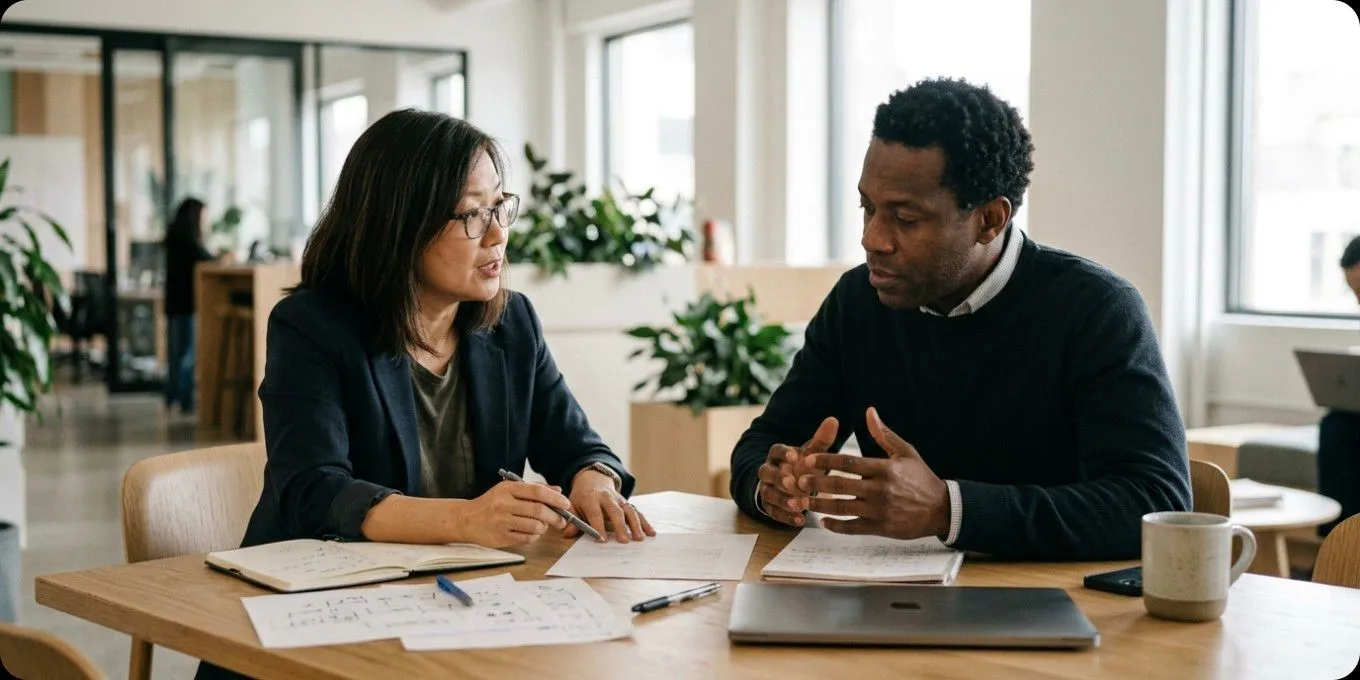 Two experts reviewing written answers together at a table
