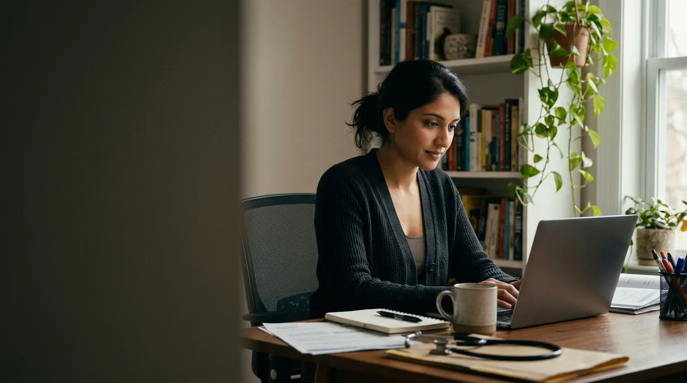 A physician working from home on a laptop